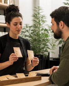 Asesora compara paquetes neutros de semillas con un cliente adulto en un grow shop