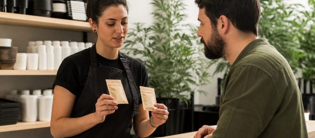 Asesora compara paquetes neutros de semillas con un cliente adulto en un grow shop