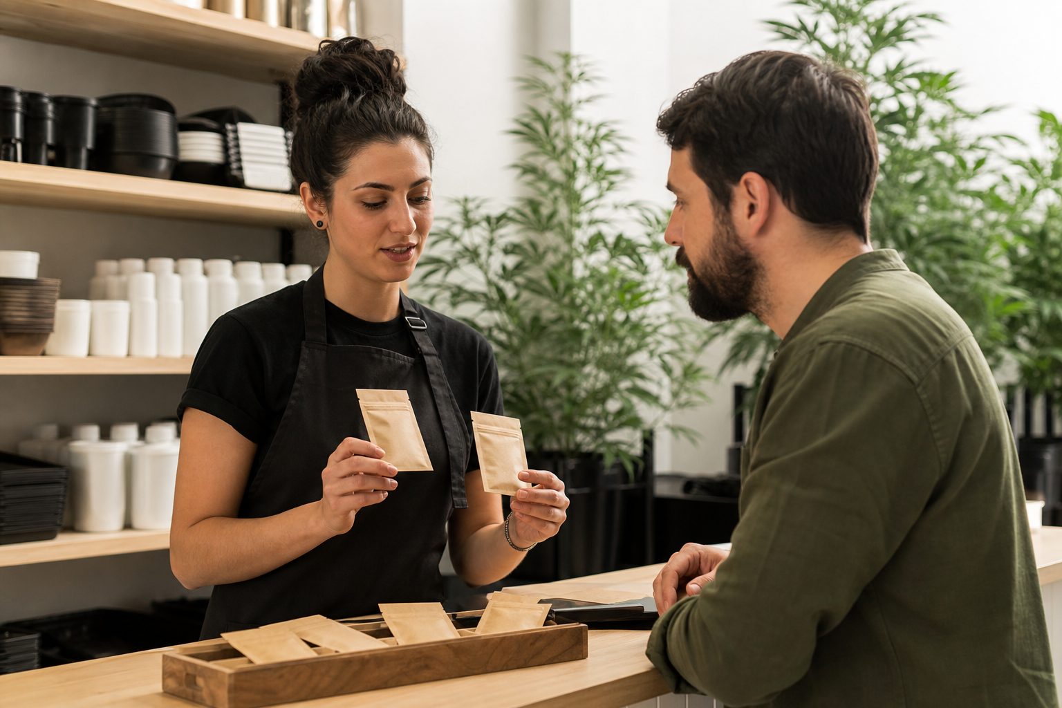 Asesora compara paquetes neutros de semillas con un cliente adulto en un grow shop