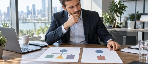 Escena editorial sobre elección entre sl y slu para una startup