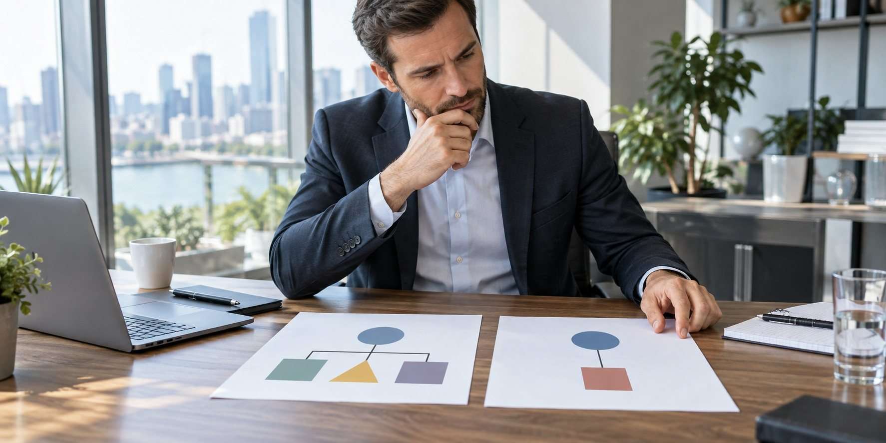 Escena editorial sobre elección entre sl y slu para una startup